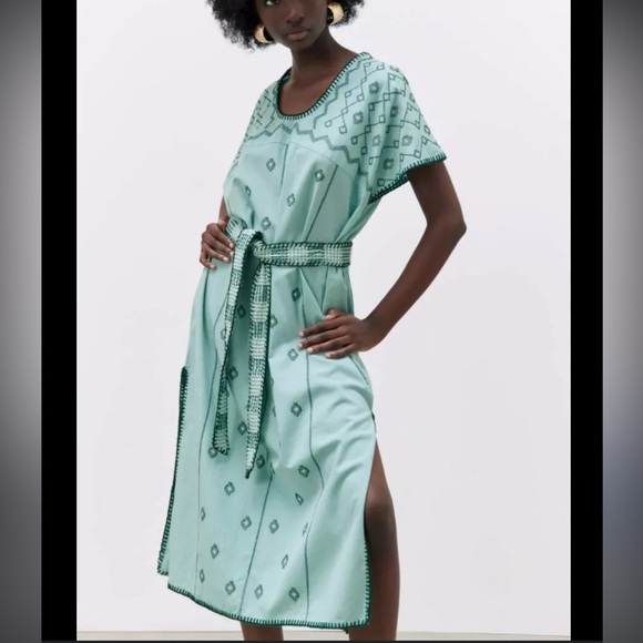 Zara Mint Green Embroidered Linen Caftan Tunic Dress, size Small - Picture 1 of 11